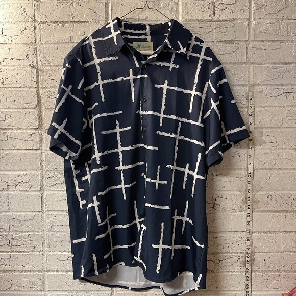 Royaura Hawaiian Navy Blue White Abstract Print Button Down Shirt Men’s Size L - Picture 1 of 9
